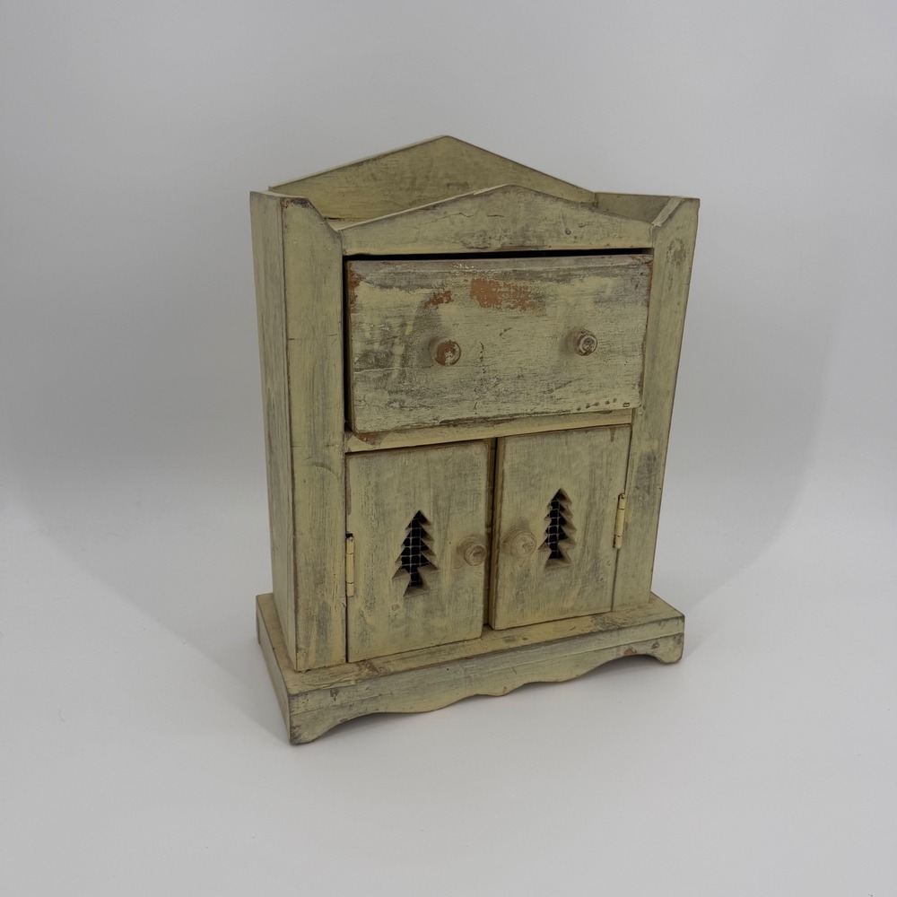 Rustic Distressed Wood Tabletop Cabinet Pine Tree Cutouts Farmhouse Mini Hutch